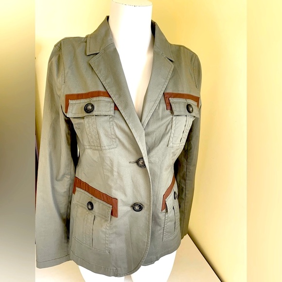 Michael Kors army green khaki safari cargo blazer collared 2 buttons 4 pockets S - Picture 3 of 16